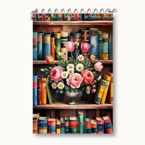 دفتر یادداشت کتابخوانه و گلدان گل